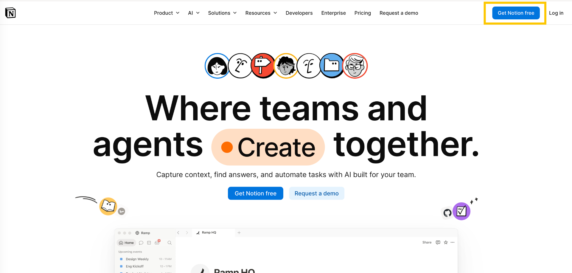 Bouton « Get Notion free » en haut à droite du site Notion